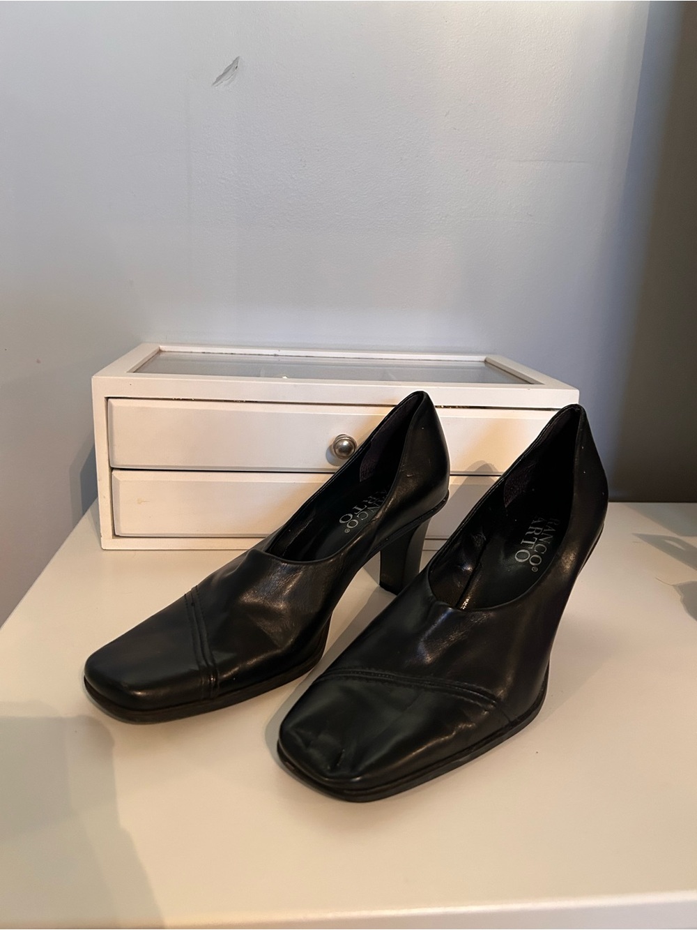 Franco Sarto Black Square Toe Leather Midi Heels